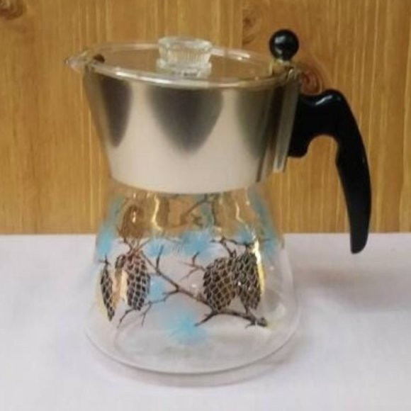 Libbey Percolator Pinecone by David Douglas, Aqua and Gold Libbey Coffee Pot - Picture 1 of 7